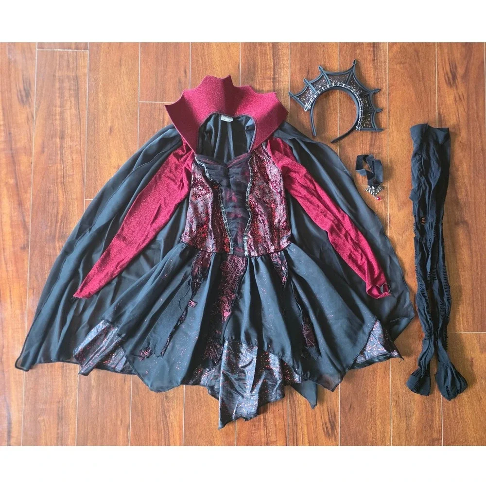 Spirit Halloween Dark Beauty Vampire Costume Child Large 12-14 Dress Cape Tights - Picture 4 of 11